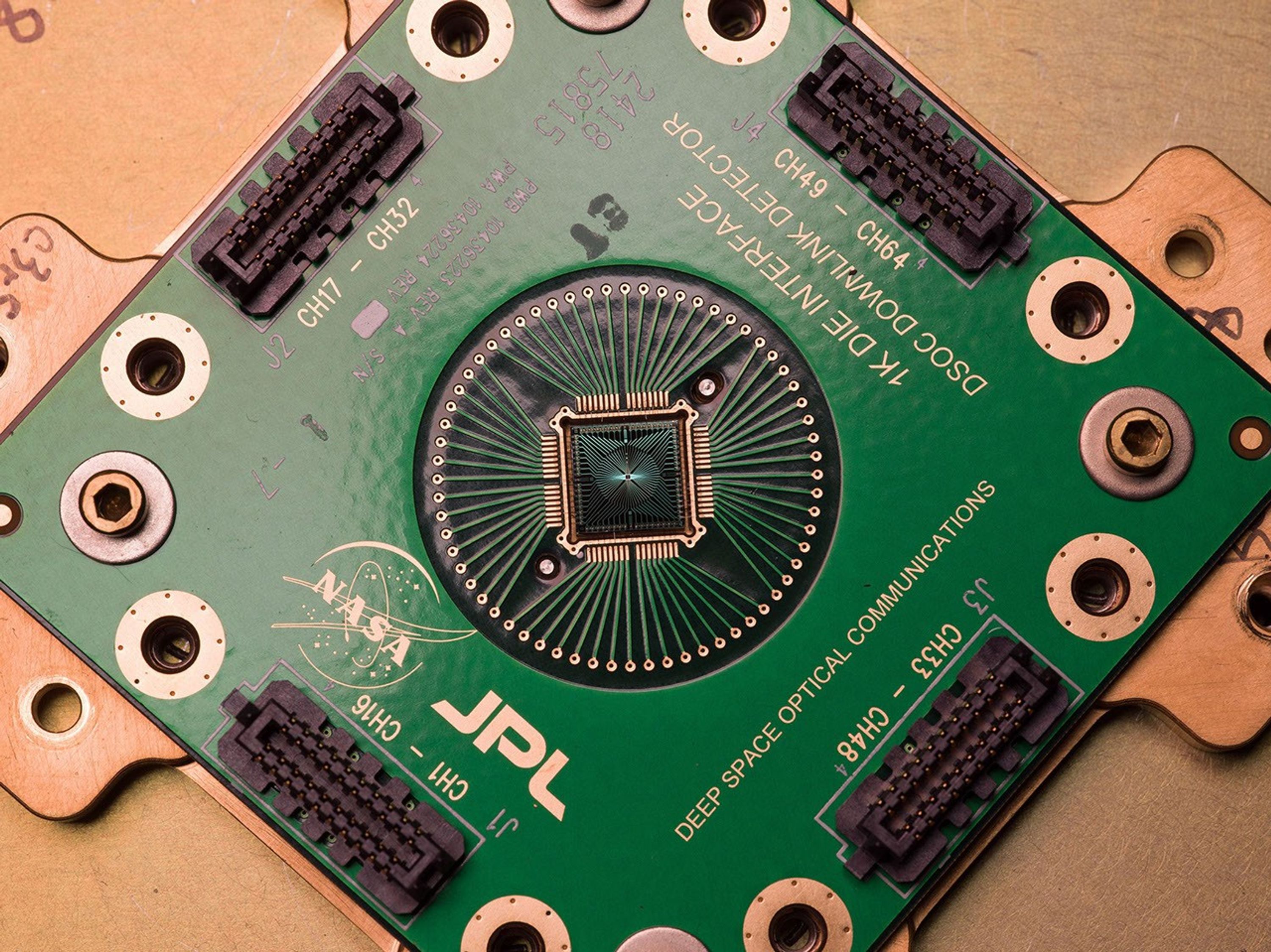Shown here is an identical copy of the DSOC, superconducting nanowire single-photon detector that is coupled to the 200-inch (5.1-meter) Hale Telescope located at Caltech's Palomar Observatory in San Diego County, California.