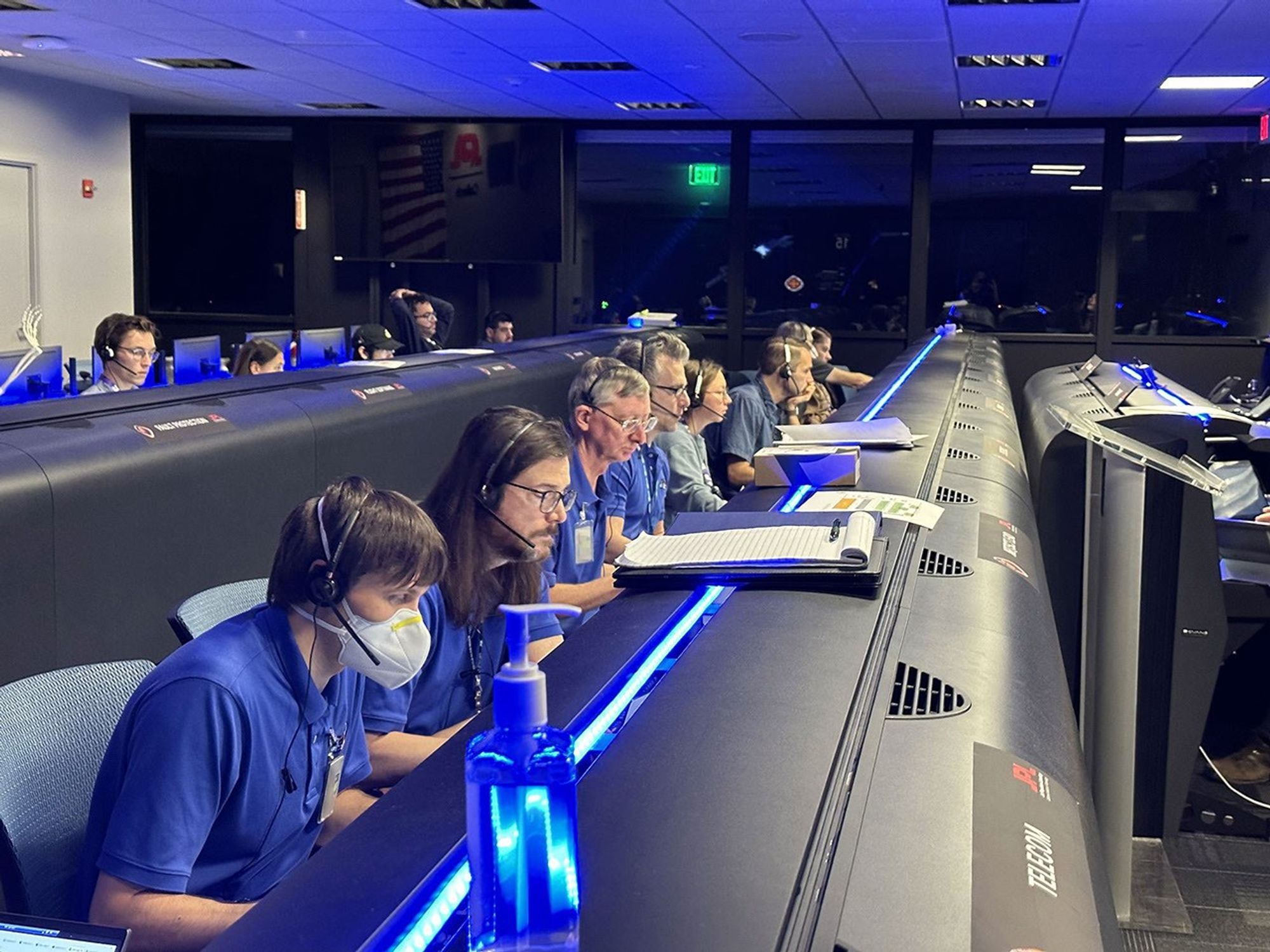 The flight laser transceiver operations team for NASA's Deep Space Optical Communications (DSOC) technology demonstration works in the Psyche mission support area at JPL in the early hours of Nov. 14, 2023, when the project achieved first light.