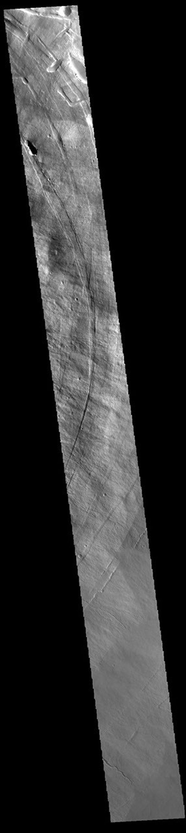This image from NASA's Mars Odyssey shows a cross section of Pavonis Mons. Pavonis Mons is the central volcano of the three large Tharsis volcanoes.