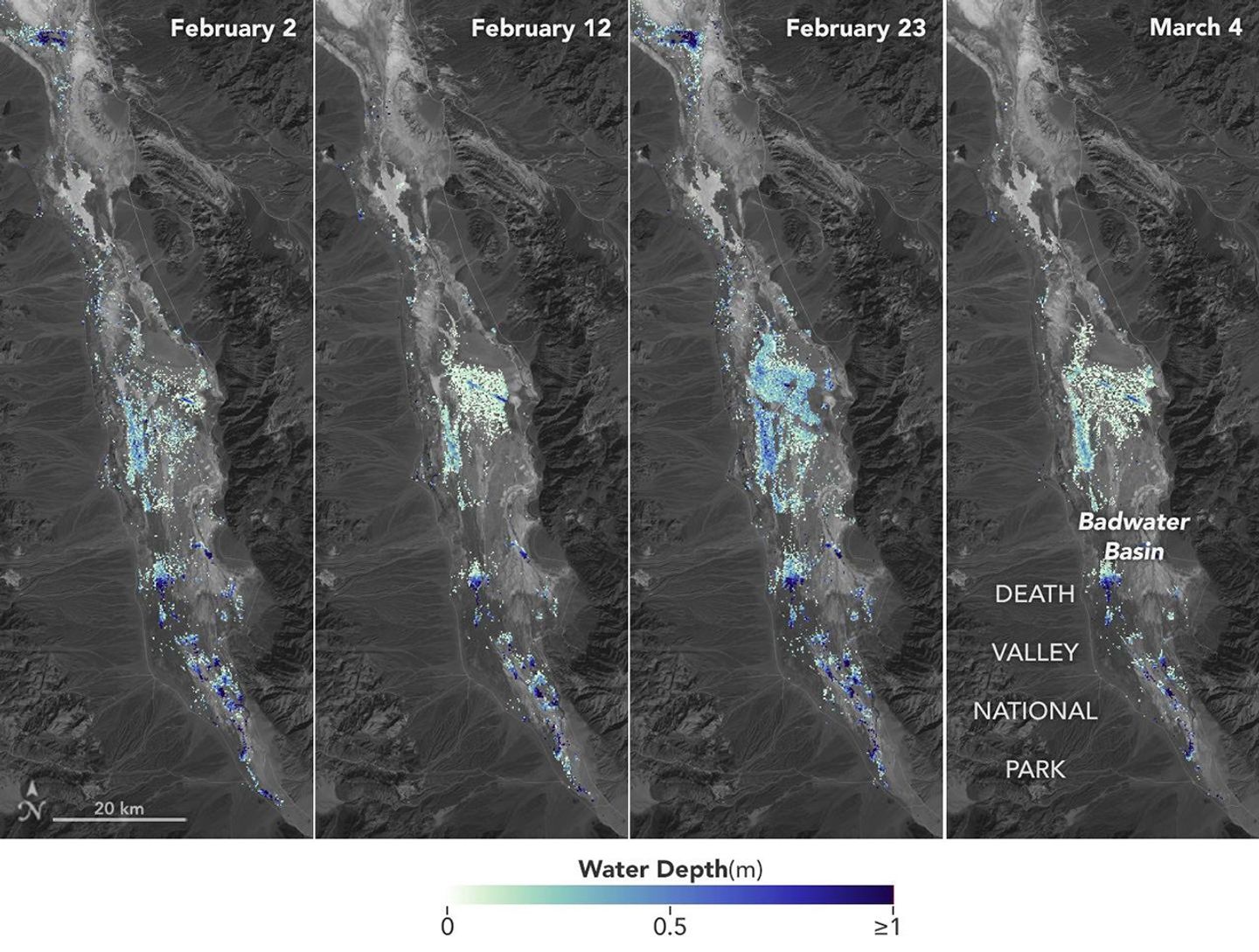 Water depths in Death Valley's temporary lake ranged between about 3 feet (or 1 meter, shown in dark blue) to less than 1.5 feet (0.5 meters, light yellow) from February through early March.