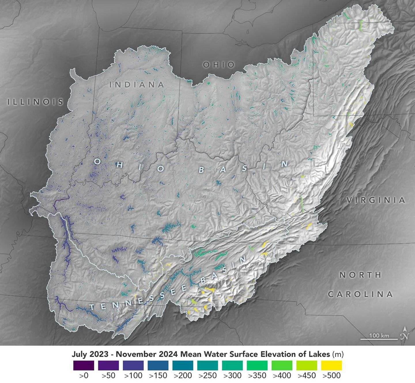 Data from the SWOT satellite was used to calculate average water levels for lakes and reservoirs in the Ohio River Basin from July 2023 to November 2024.