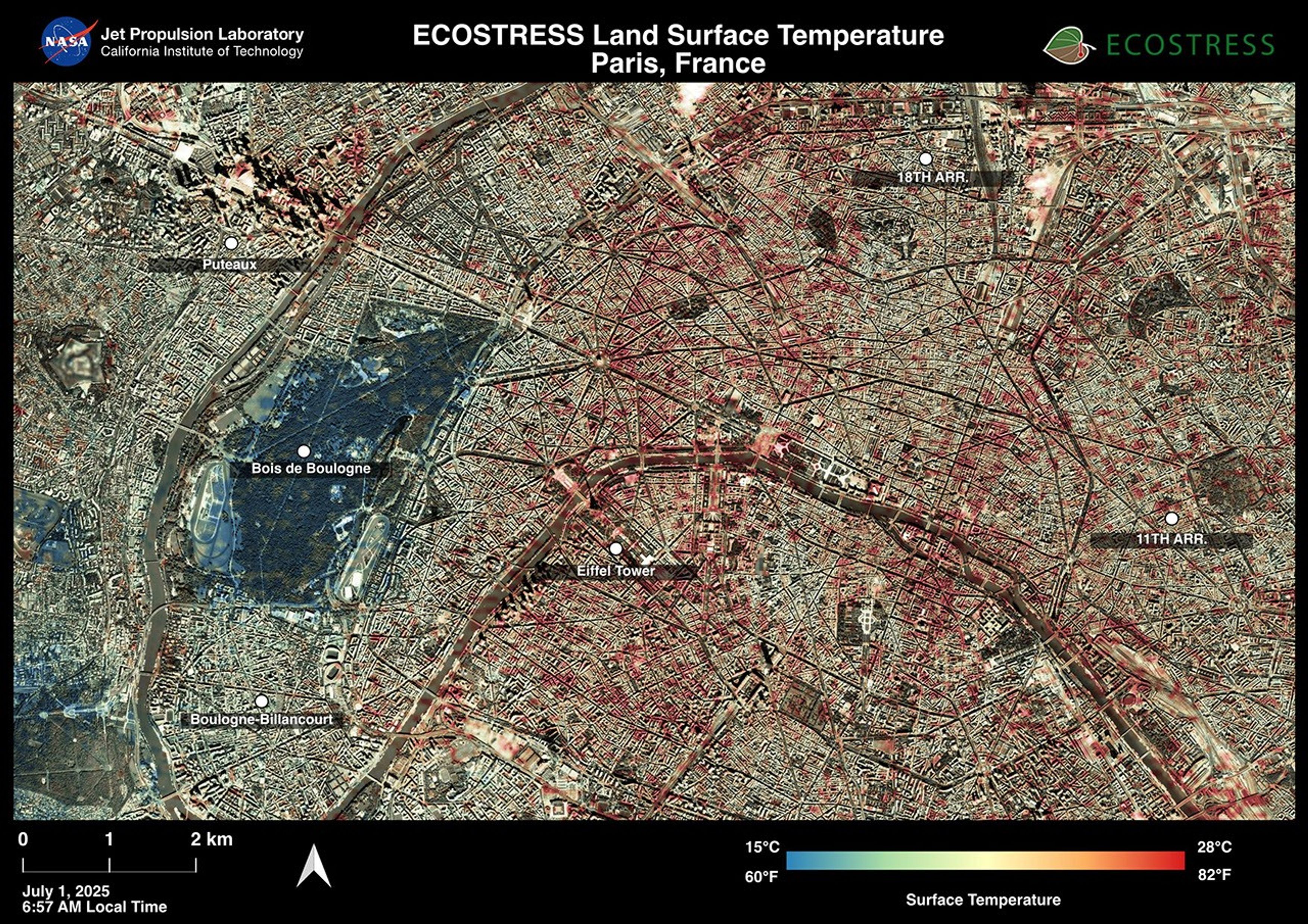 Data from NASA's ECOSTRESS instrument aboard the International Space Station shows Paris was one of many European cities hit by a record-breaking heat wave at the end of June and early July 2025.