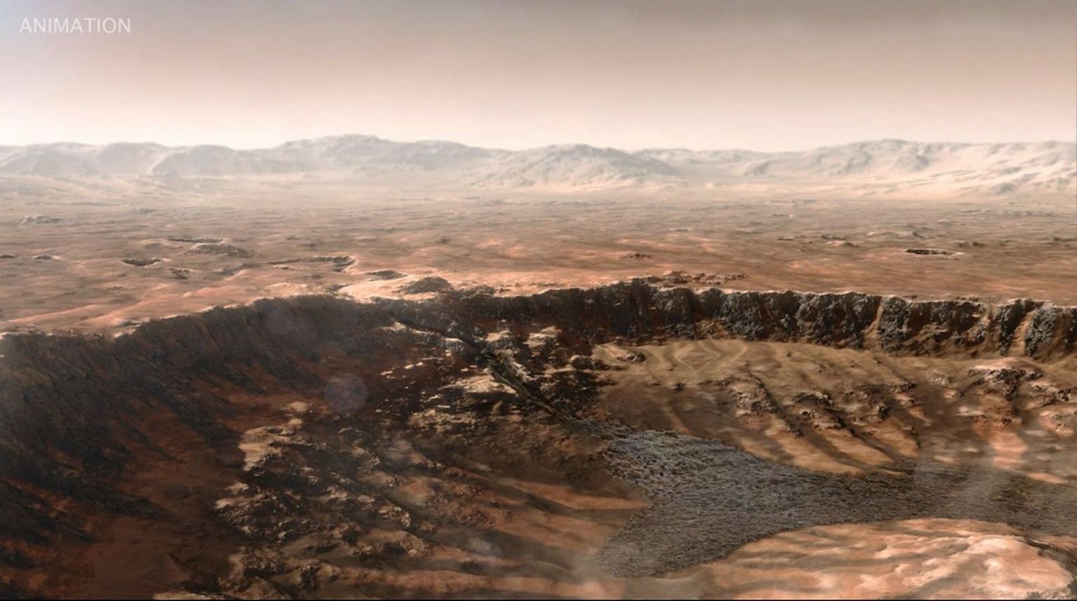This animated artist's concept depicts water breaking through the rim of Mars' Jezero Crater, which NASA's Perseverance rover is now exploring. Water entered the crater billions of years ago, forming a lake before the Red Planet dried up.