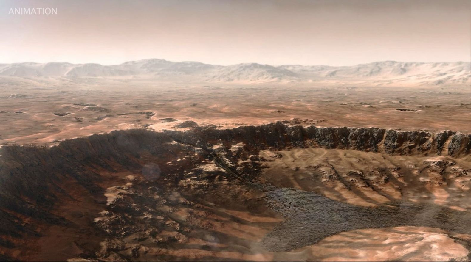 This animated artist's concept depicts water breaking through the rim of Mars' Jezero Crater, which NASA's Perseverance rover is now exploring. Water entered the crater billions of years ago, forming a lake before the Red Planet dried up.