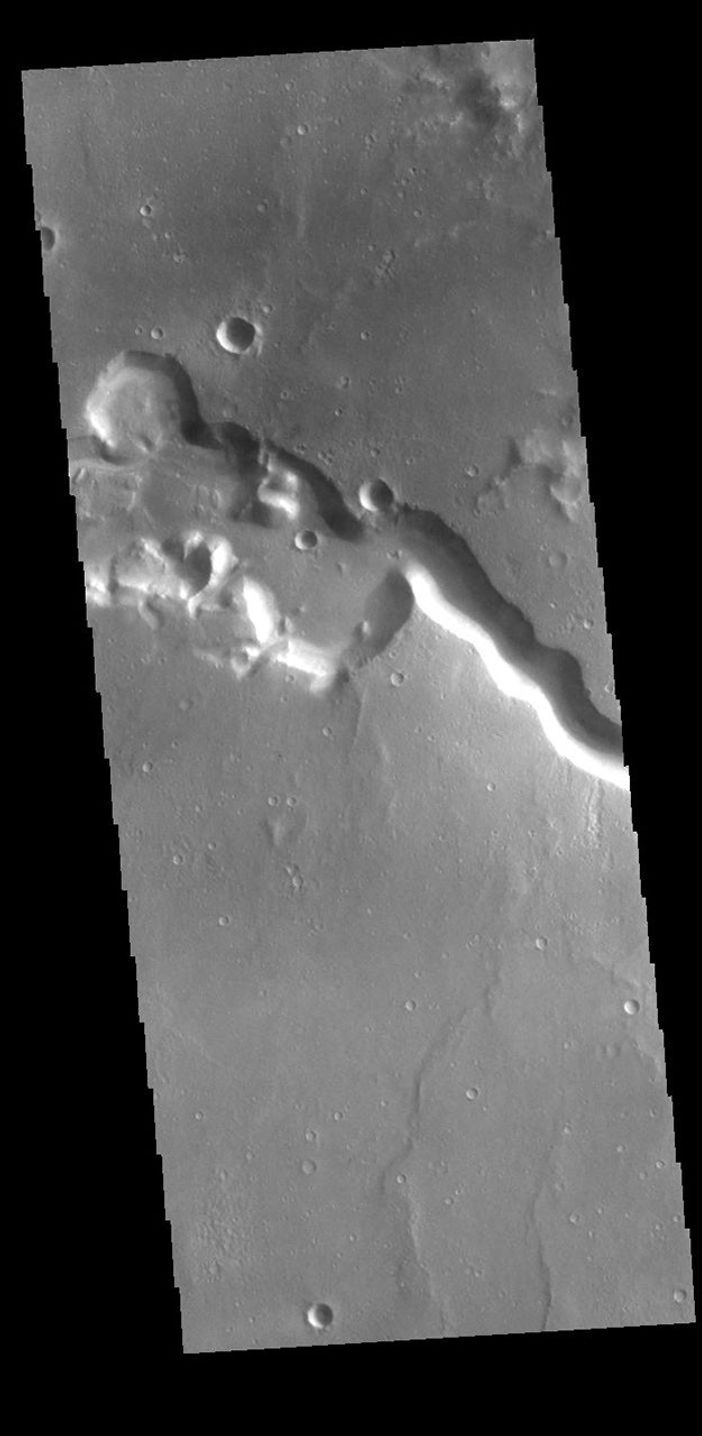 This image from NASA's Mars Odyssey shows a section of Bahram Vallis. This channel is located in northern Lunae Planum, south of Kasei Valles.