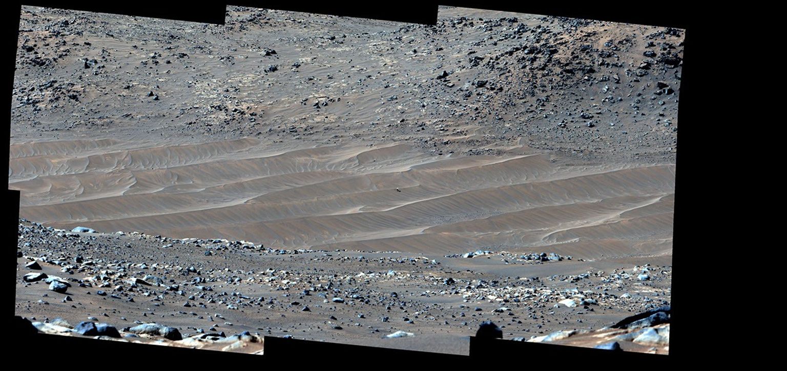 NASA's Perseverance Mars rover captured this mosaic showing the Ingenuity Mars Helicopter at its final airfield on Feb. 4, 2024. The helicopter damaged its rotor blades during landing on its 72nd flight on Jan. 18, 2024.
