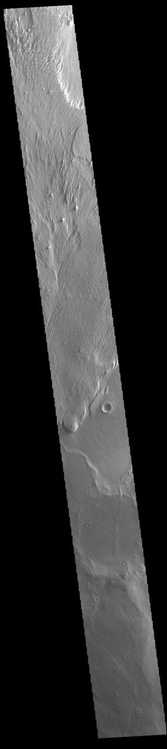 This image from NASA's Mars Odyssey shows a region of wind etched materials near the margin of Lucus Planum.