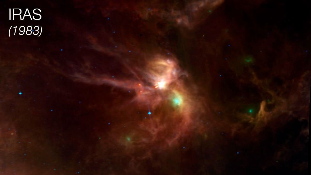 Clouds of gas and dust in space – like Rho Ophiuchi, shown here – mostly radiate infrared light. IRAS, imaged the region in 1983 and revealed previously hidden features, including newly forming stars nestled deep inside the dust.