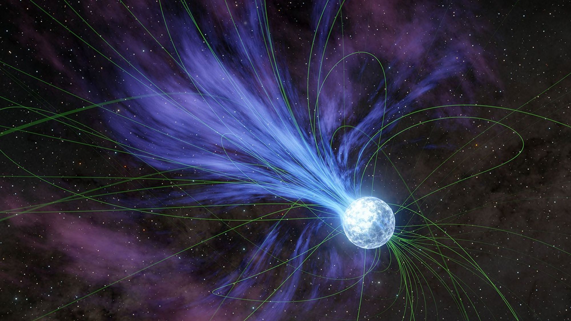 Artist's concept of a magnetar, a compact stellar remnant, ejecting material into space along twisted green magnetic field lines
