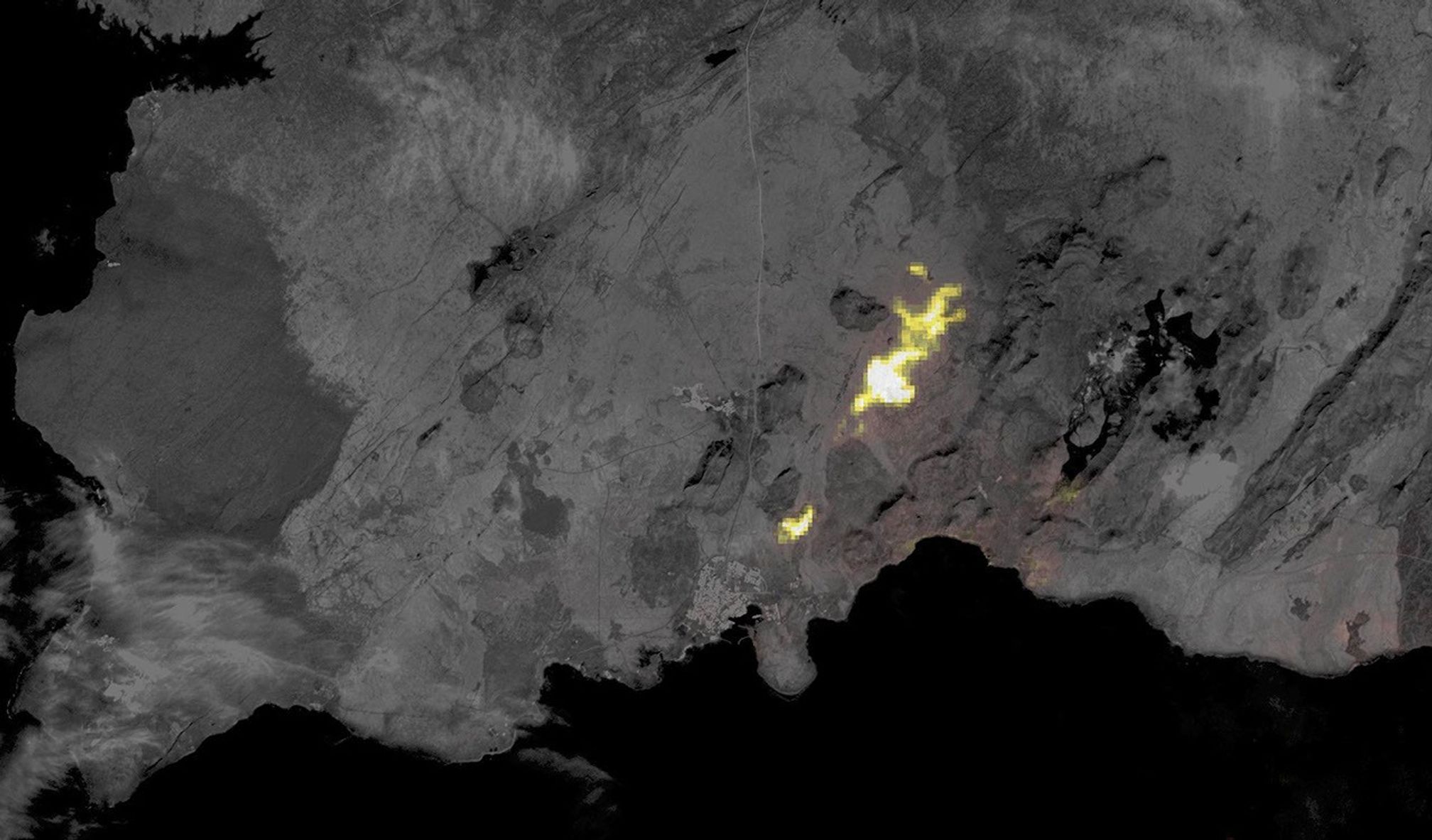 NASA's Terra spacecraft shows volcanic activity near the town of Grindavik, Iceland on January 14, 2024.
