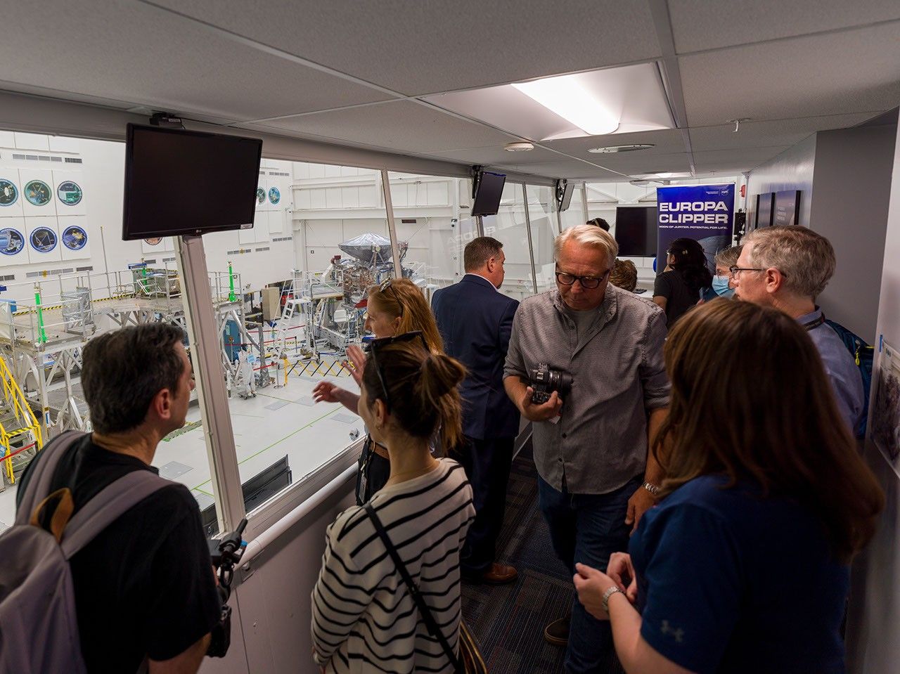 The viewing gallery above High Bay 1 in JPL's historic Spacecraft Assembly Facility provided members of the media with a vantage point to observe the clean room where Europa Clipper was put together.