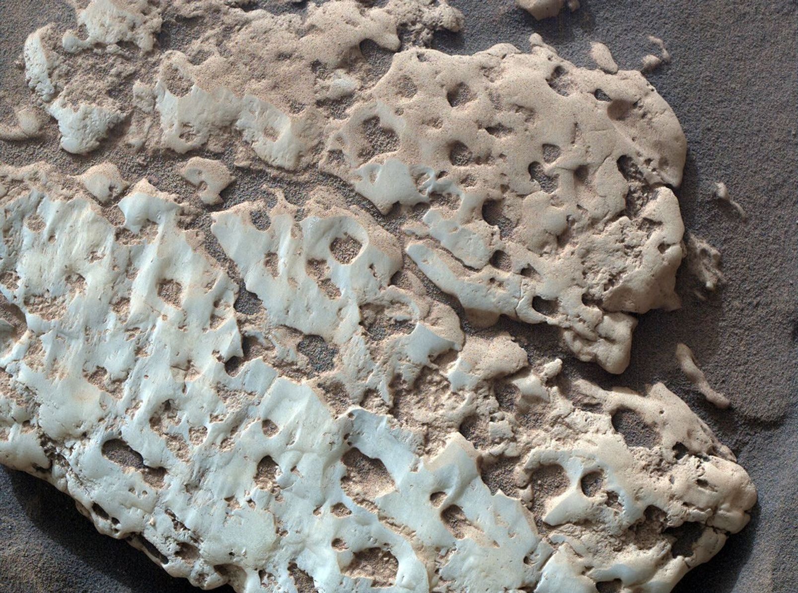 NASA's Curiosity captured this close-up image of a rock nicknamed Snow Lake on June 8, 2024. Nine days earlier, the rover had crushed a similar-looking rock and revealed crystalline textures – and elemental sulfur – inside.
