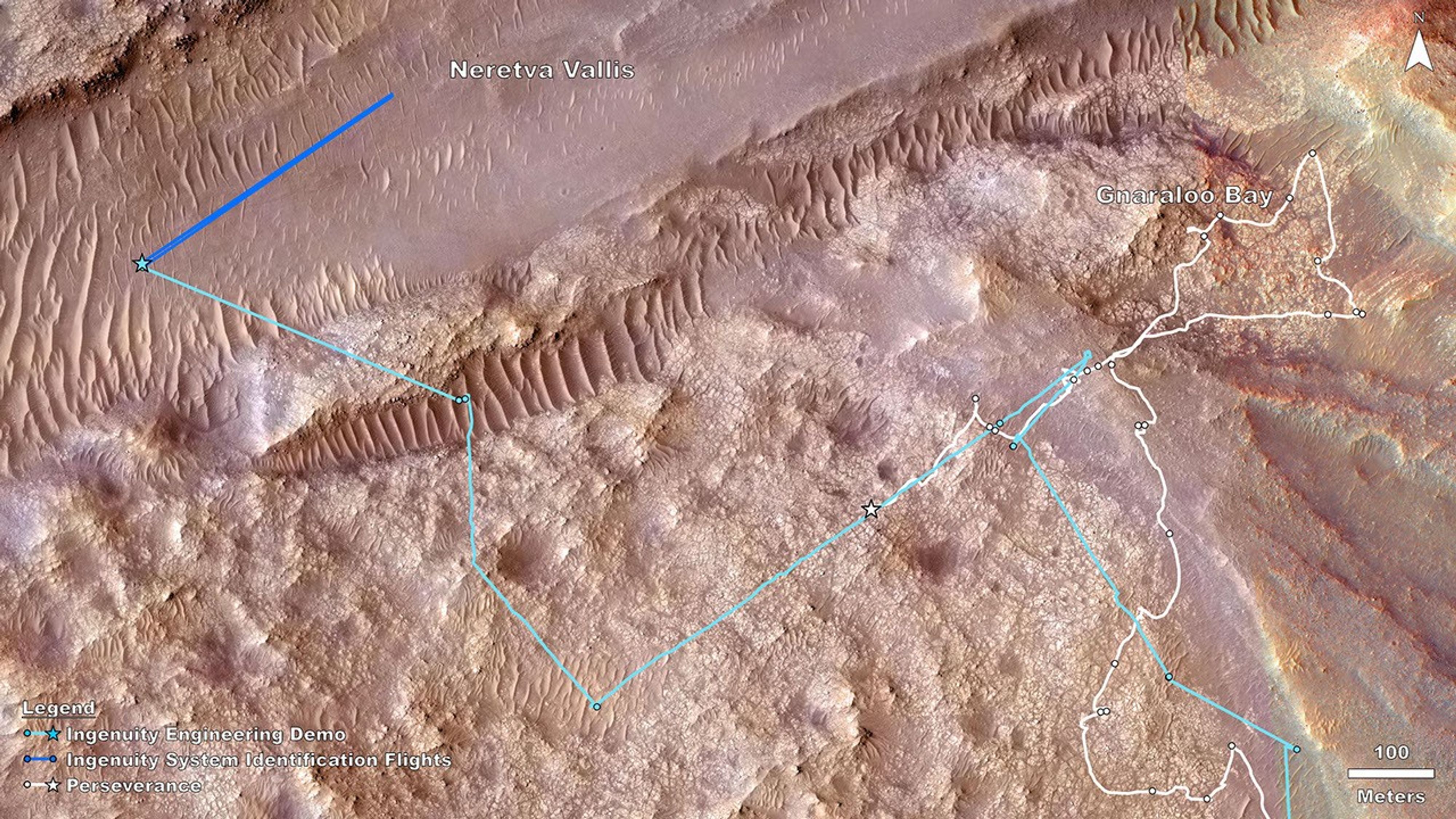This map shows the locations of NASA's Perseverance rover (white star) and Ingenuity Mars Helicopter (cyan star) on Dec. 19, 2023.