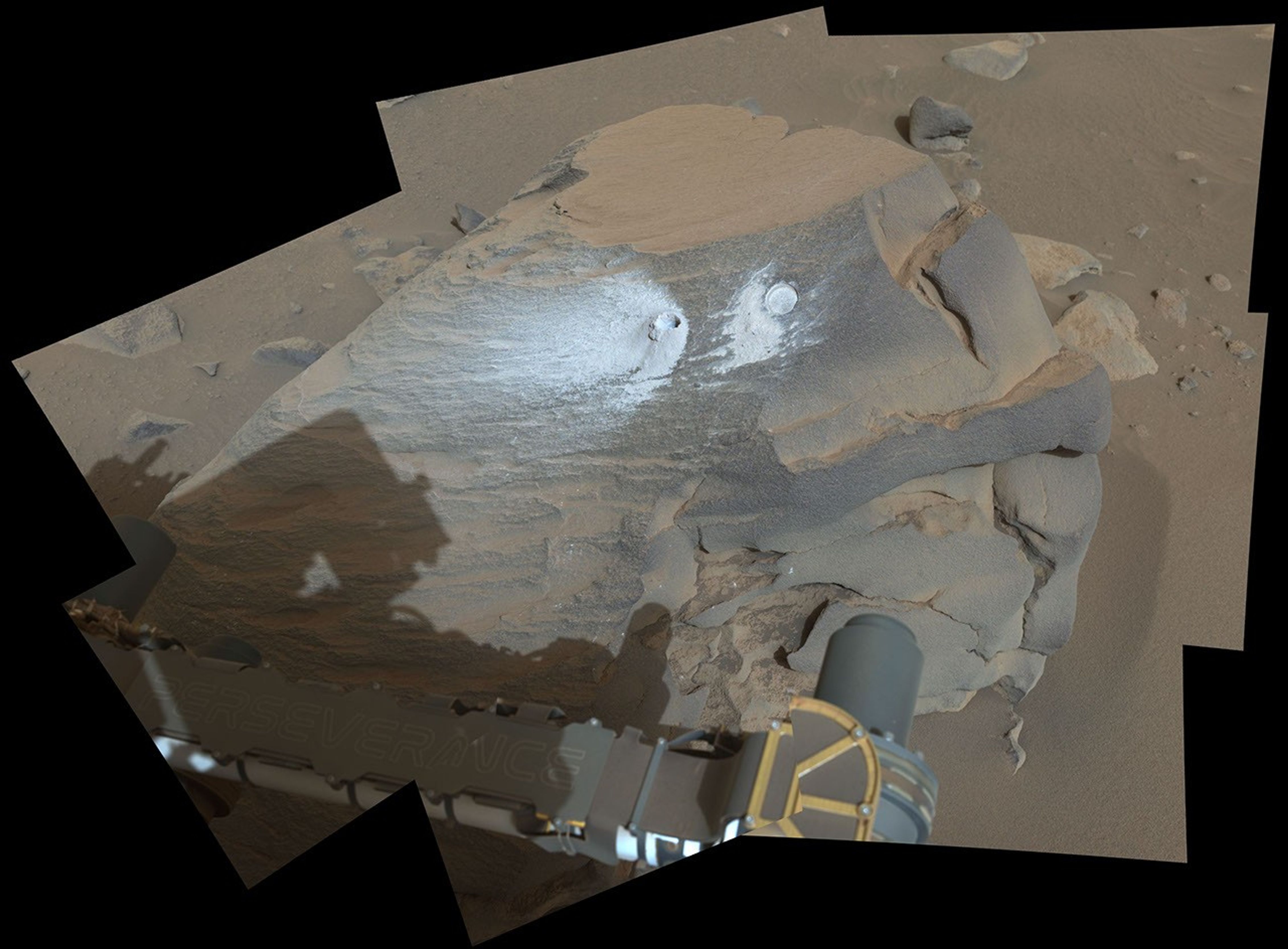 This mosaic shows a rock called Bunsen Peak where NASA's Perseverance Mars rover extracted its 21st rock core and abraded a circular patch to investigate the rock's composition.