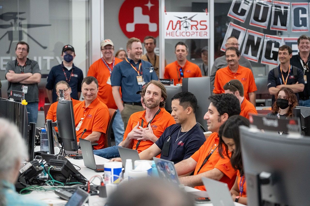 The Ingenuity team celebrates during their final shift working on NASA's Ingenuity Mars Helicopter at the agency's Jet Propulsion Laboratory on April 16, 2024.
