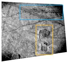 Juno Stellar Reference Unit close-up of Europa's surface, showing rough ice textures and structural detail from the 2022 flyby