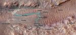 This map shows Perseverance's path between Jan. 21 and June 11, 2024. White dots indicate where the rover stopped after completing a traverse beside Neretva Vallis river channel. The pale blue line indicates the rover's route inside the channel.