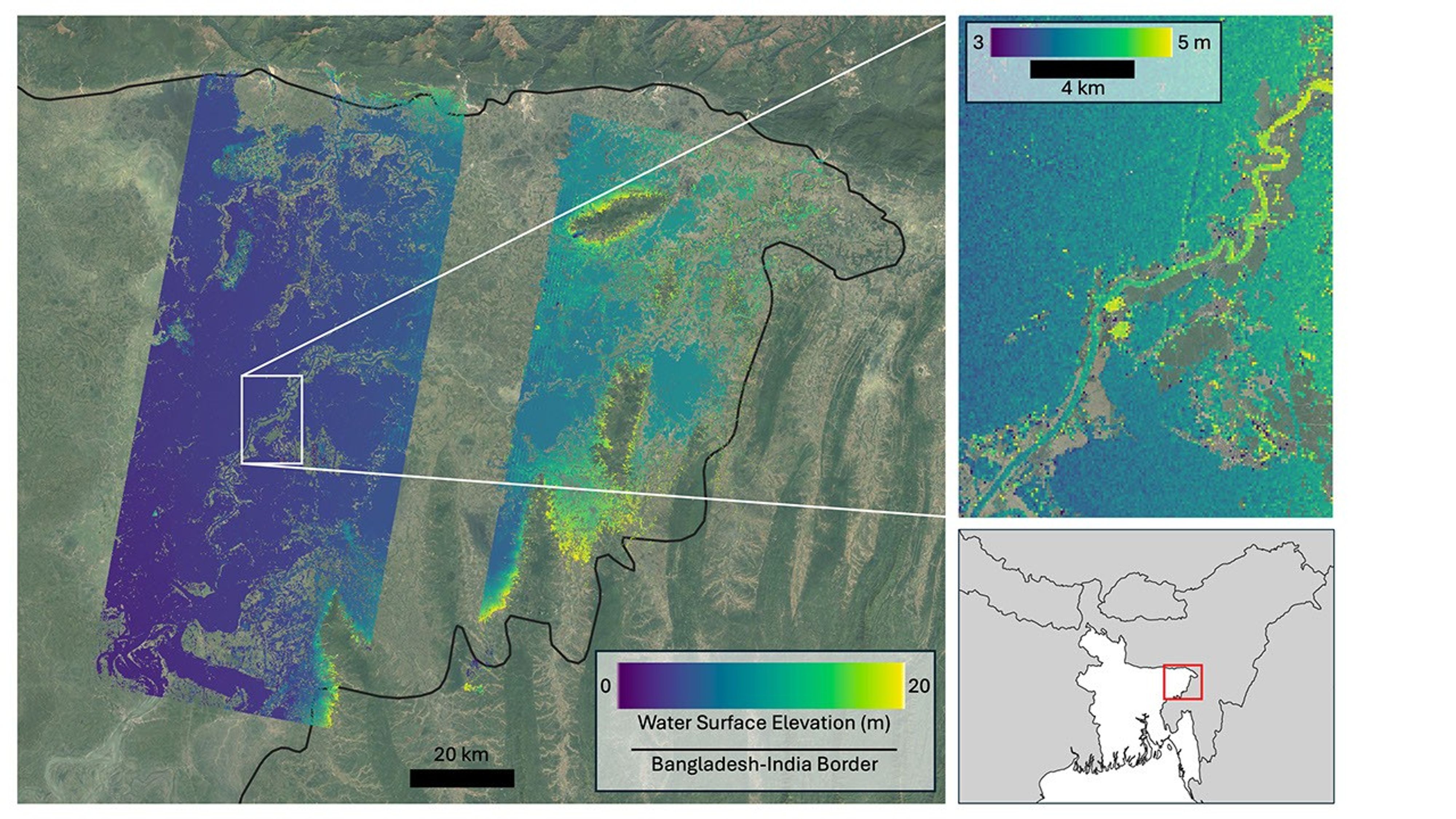 Flooding from monsoon rains covers a wide region of northeast Bangladesh in this Oct. 8, 2023, image showing data from SWOT. The U.S.-French satellite is the first to provide water surface elevation information over entire regions at high resolution.