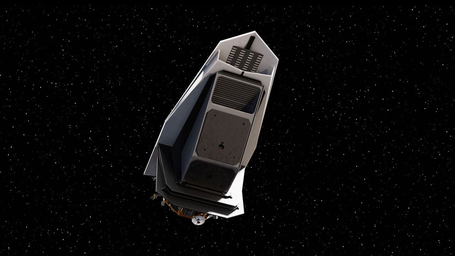 Artystyczna wizualizacja teleskopu NEO Surveyor w przestrzeni kosmicznej, z dużą osłoną przeciwsłoneczną. Źródło:NASA/JPL-Caltech