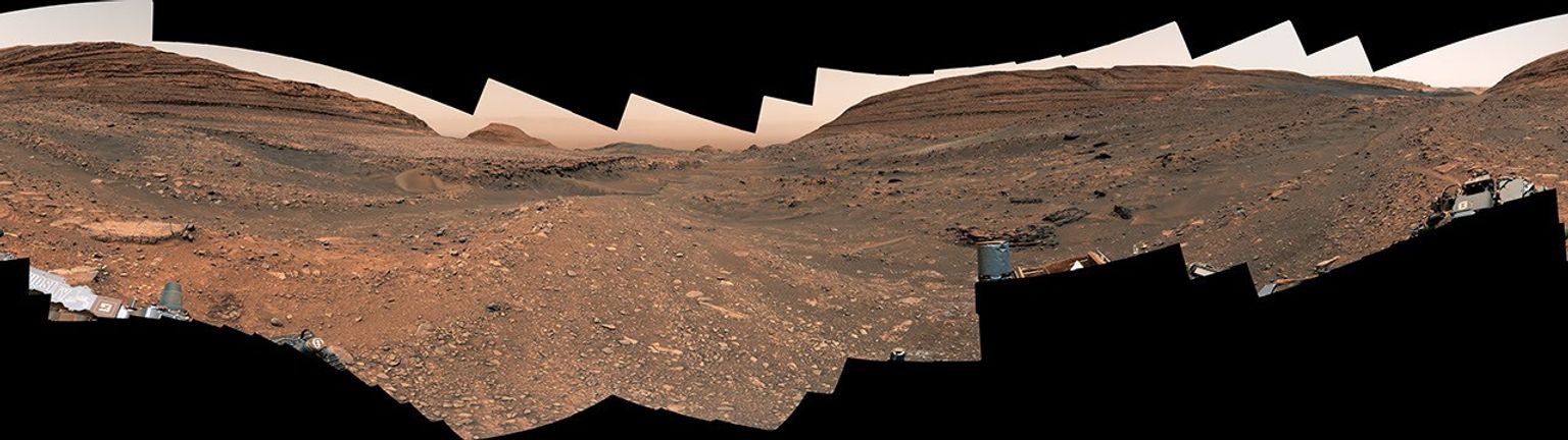 NASA's Curiosity Mars rover used its Mast Camera, or Mastcam, to capture this panorama within Gediz Vallis channel on Sept. 21 and 22, 2024.