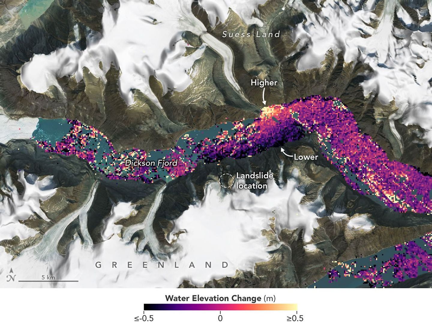 A SWOT data visualization shows high water levels on the northern side of Greenland's Dickson Fjord on Sept. 17, 2023. A huge rockslide into the fjord led to a tsunami.