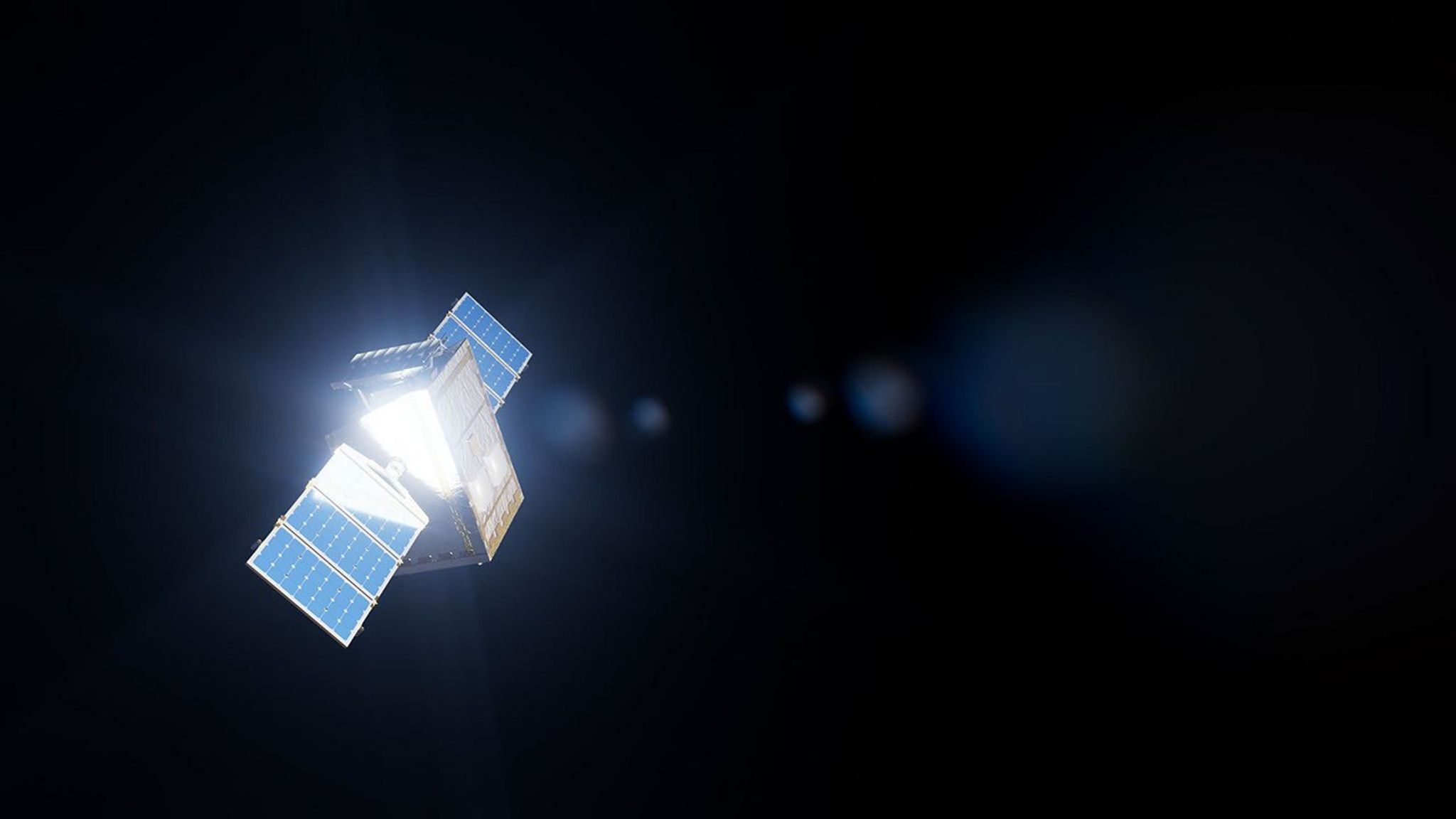 Sunlight gleams off NASA's Lunar Trailblazer as the spacecraft orbits the Moon in this artist's concept. The mission will discover where the Moon's water is, producing the best-yet maps of water on the lunar surface.
