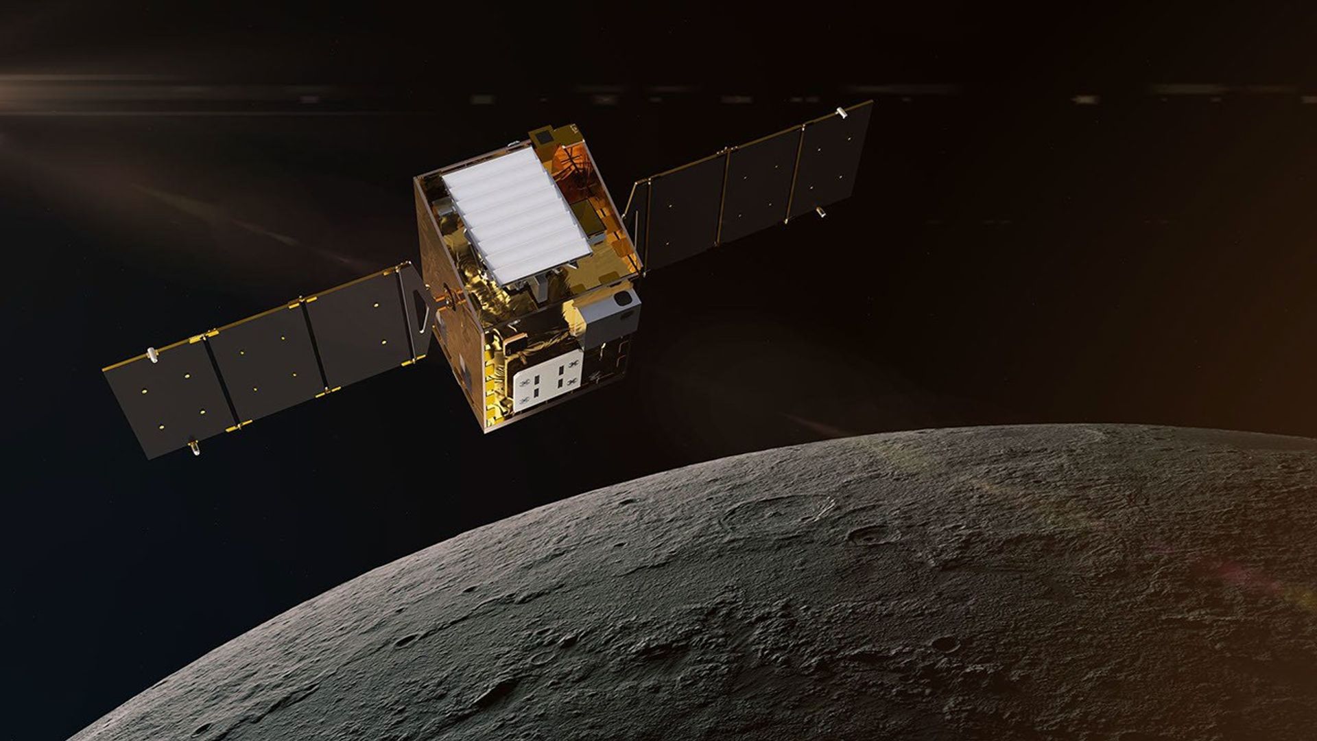 An artist's concept of a square, gold spacecraft with its solar panels extended orbiting Earth's Moon.