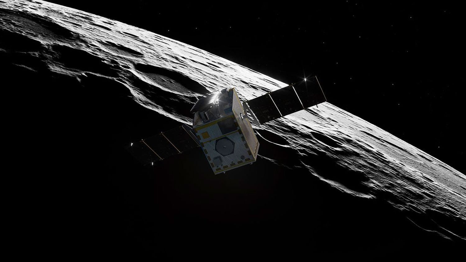 NASA's Lunar Trailblazer approaches the Moon as it enters its science orbit in this artist's concept.