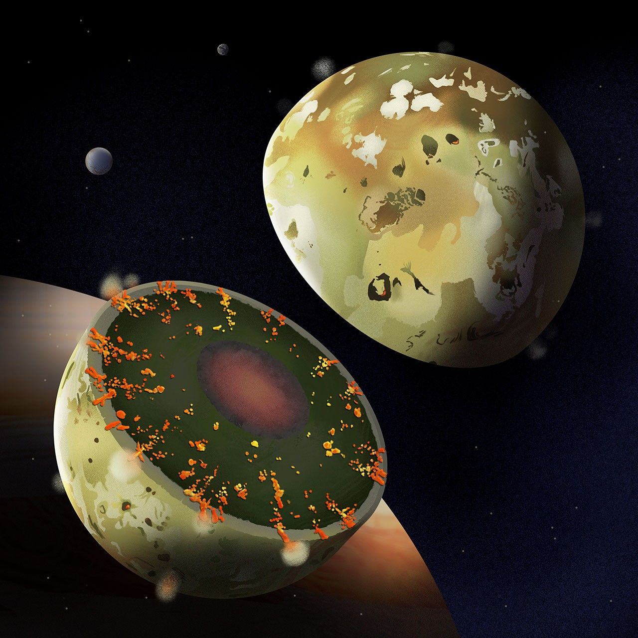 An artist's concept shows the internal structure of Jupiter's moon Io.