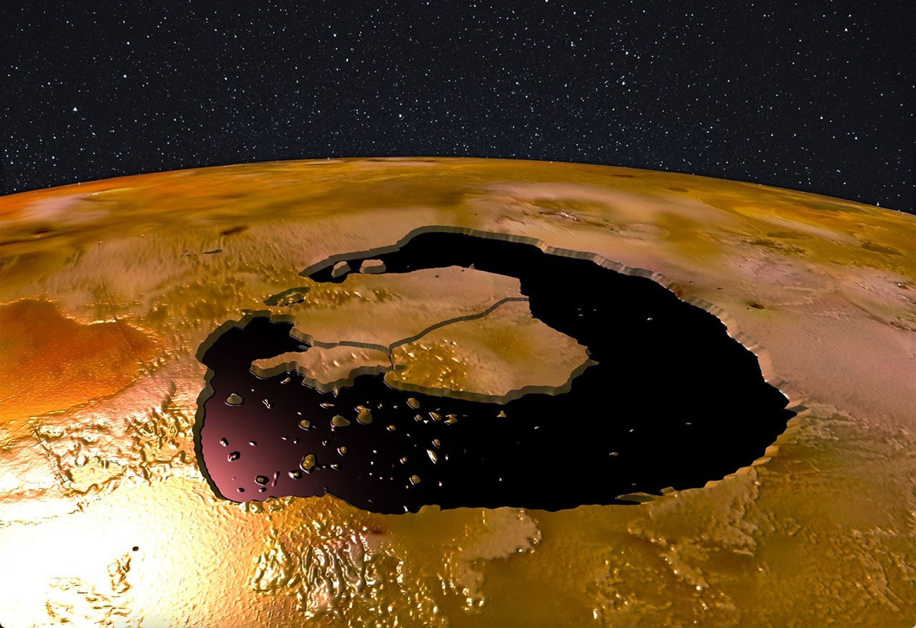 Lava islands within Loki Patera on Jupiter's moon Io are depicted in an artist's concept that's based on data from the JIRAM instrument about NASA's Juno spacecraft.