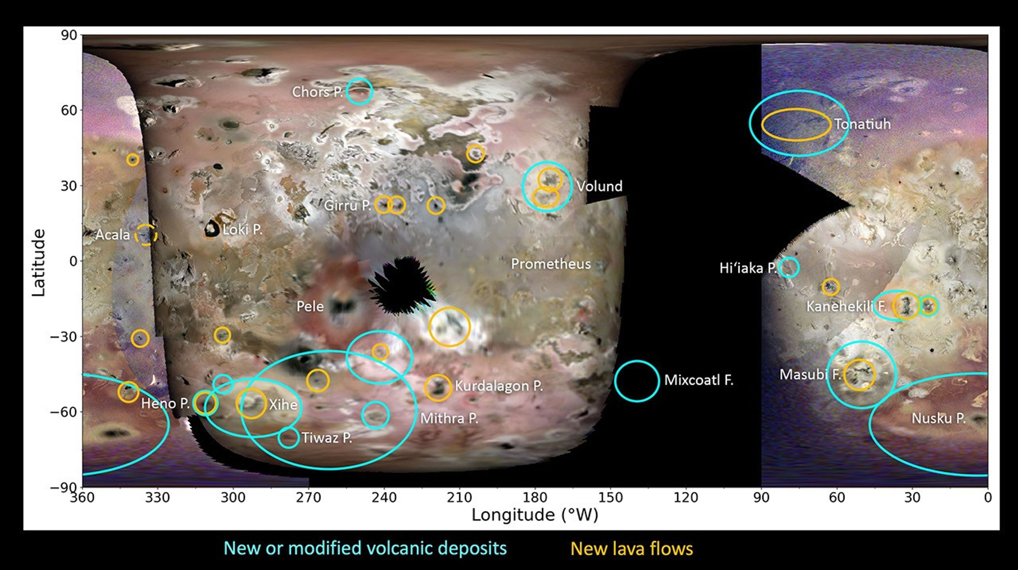 This global map of Jupiter's moon Io shows the volcanic activity and other surface changes detected by the JunoCam instrument.