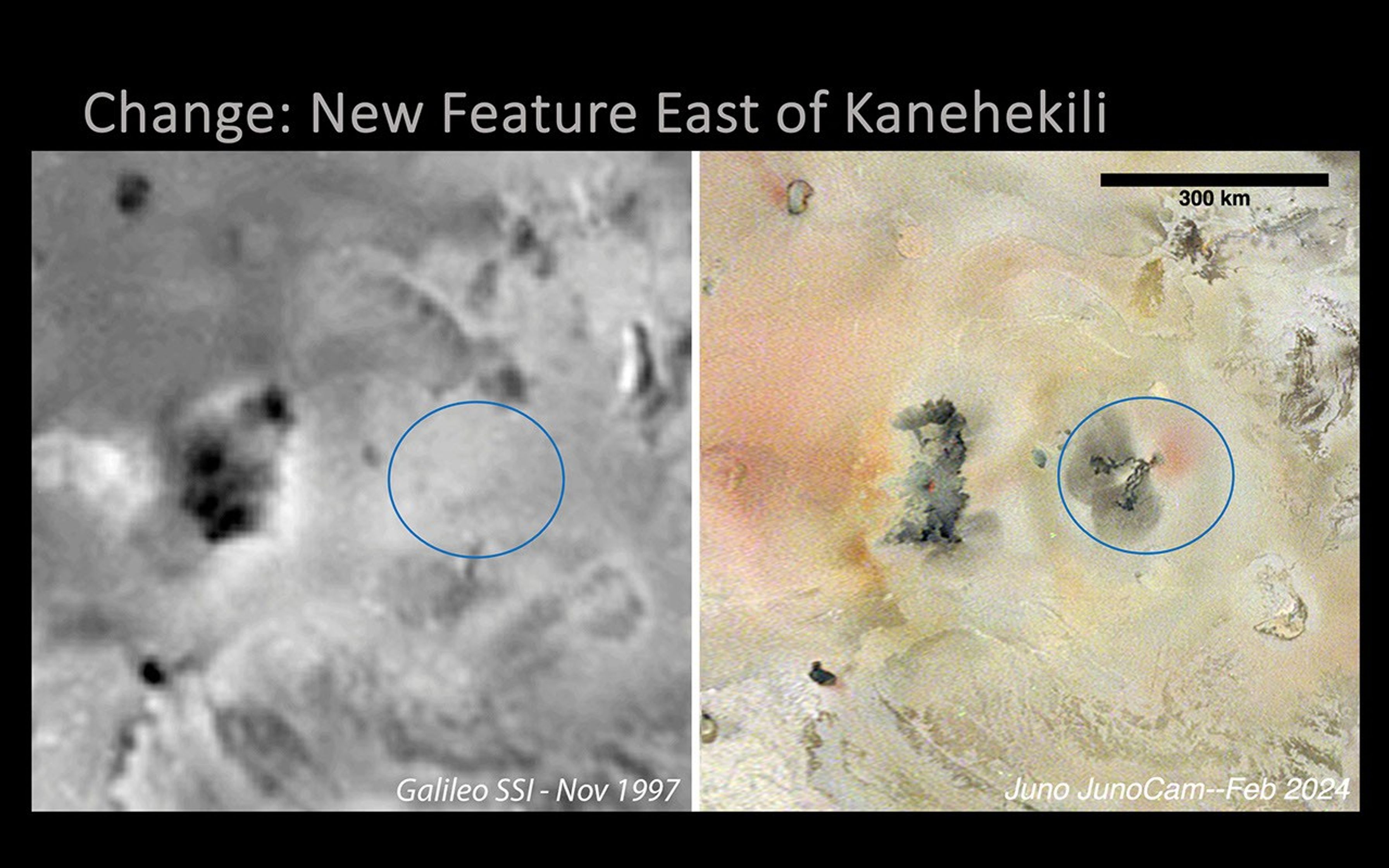 A new volcanic feature east of Kanehekili on Jupiter's moon Io was imaged by NASA's Juno mission during its 58th close flyby of the gas giant on Feb. 3, 2024.