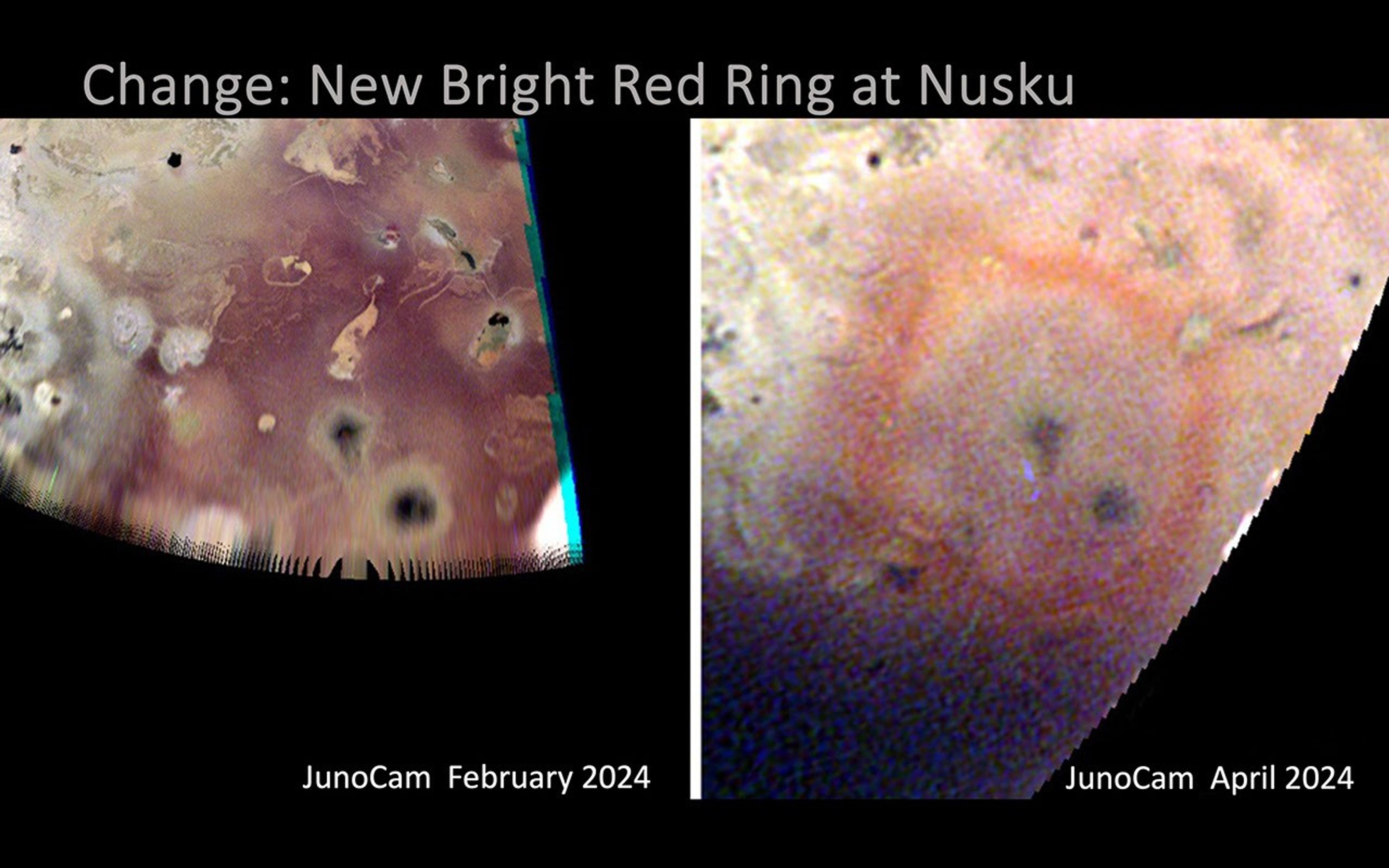 NASA's Juno spacecraft captured these images showing surface changes at Nusku Patera (center in each sub-figure) on Jupiter's moon Io.