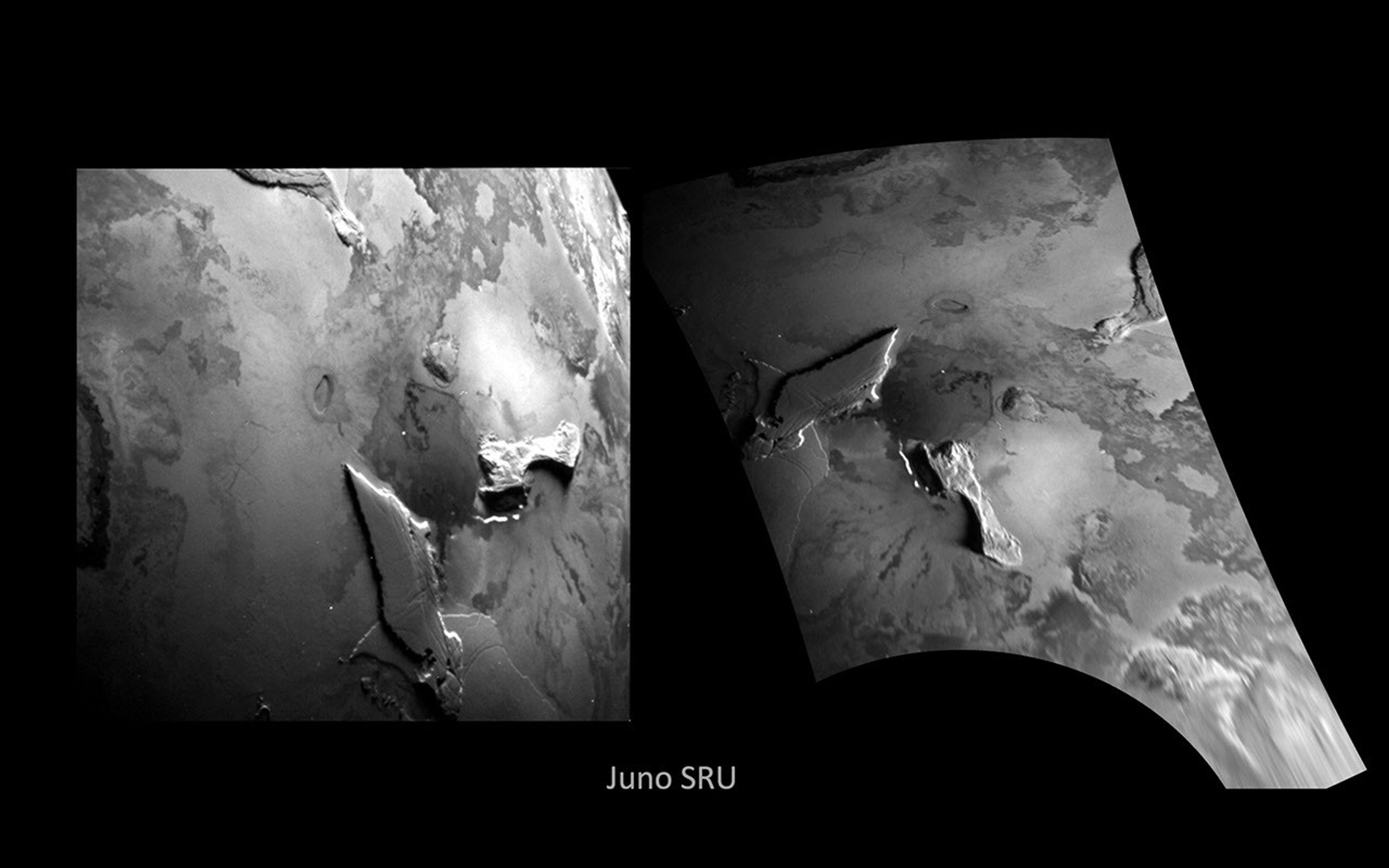 This black-and-white image of Io's surface was taken by the Stellar Reference Unit (SRU) aboard NASA's Juno spacecraft during a close flyby of the volcanic moon on Dec. 30, 2023.