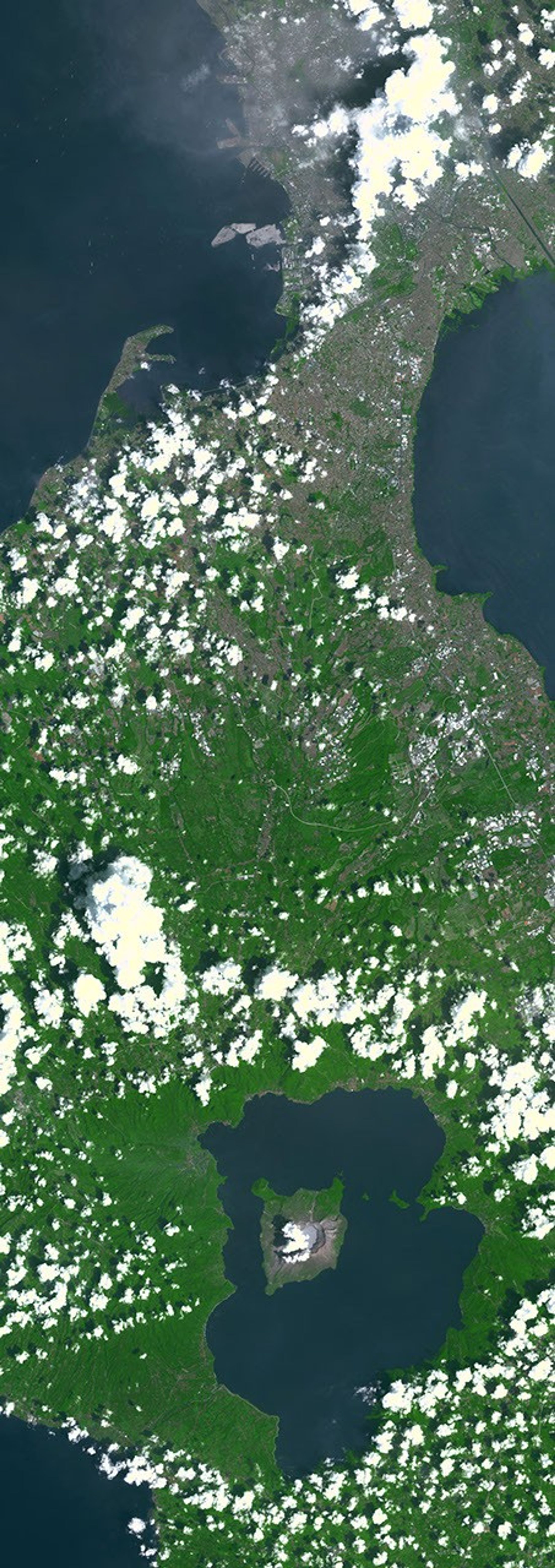 NASA's Terra spacecraft shows Taal Volcano in the Philippines, about 50 km south of Manila. It is the second most active volcano in the country, with 38 recorded historic eruptions.