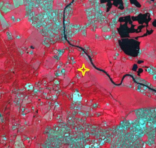 NASA's Terra spacecraft shows Runnymede meadow, a short drive from Windsor, England, west of London, near the Thames.