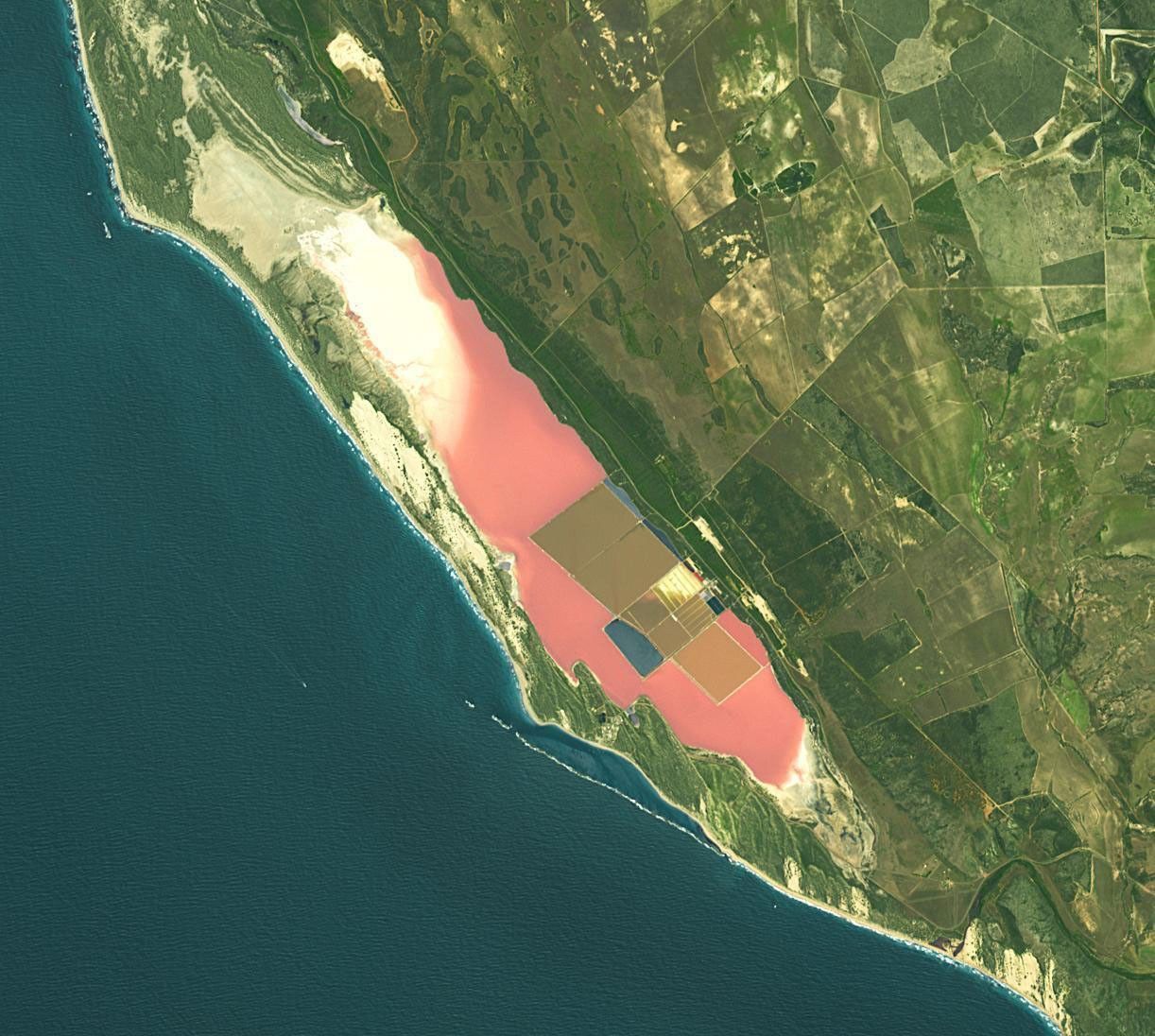 NASA's Terra spacecraft shows Hutt Lagoon, an elongate lake, located in a dune swale adjacent to the coast of the Indian Ocean, in the mid west region of Western Australia.