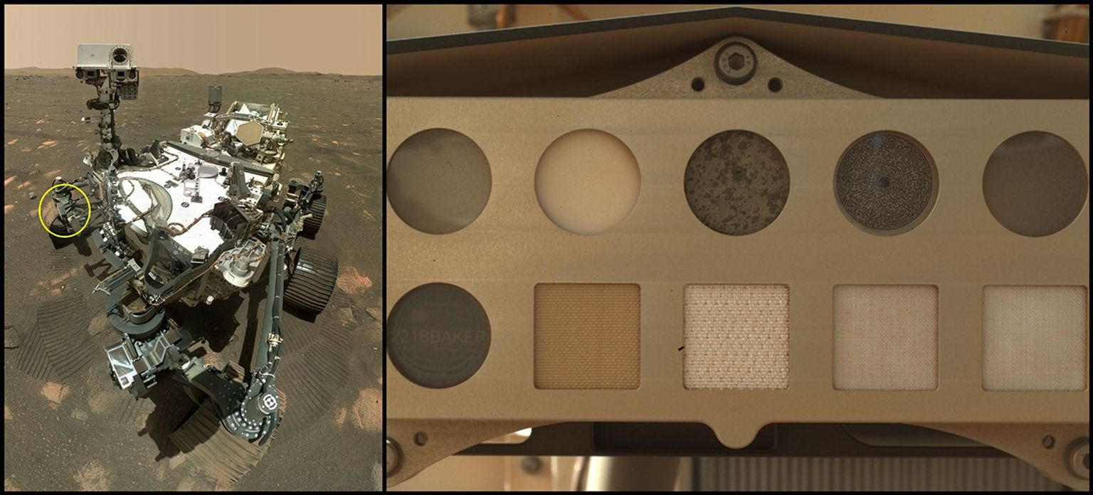 NASA's Perseverance Mars rover carries a calibration target consisting of five swatches of spacesuit materials that scientists are studying as they degrade.