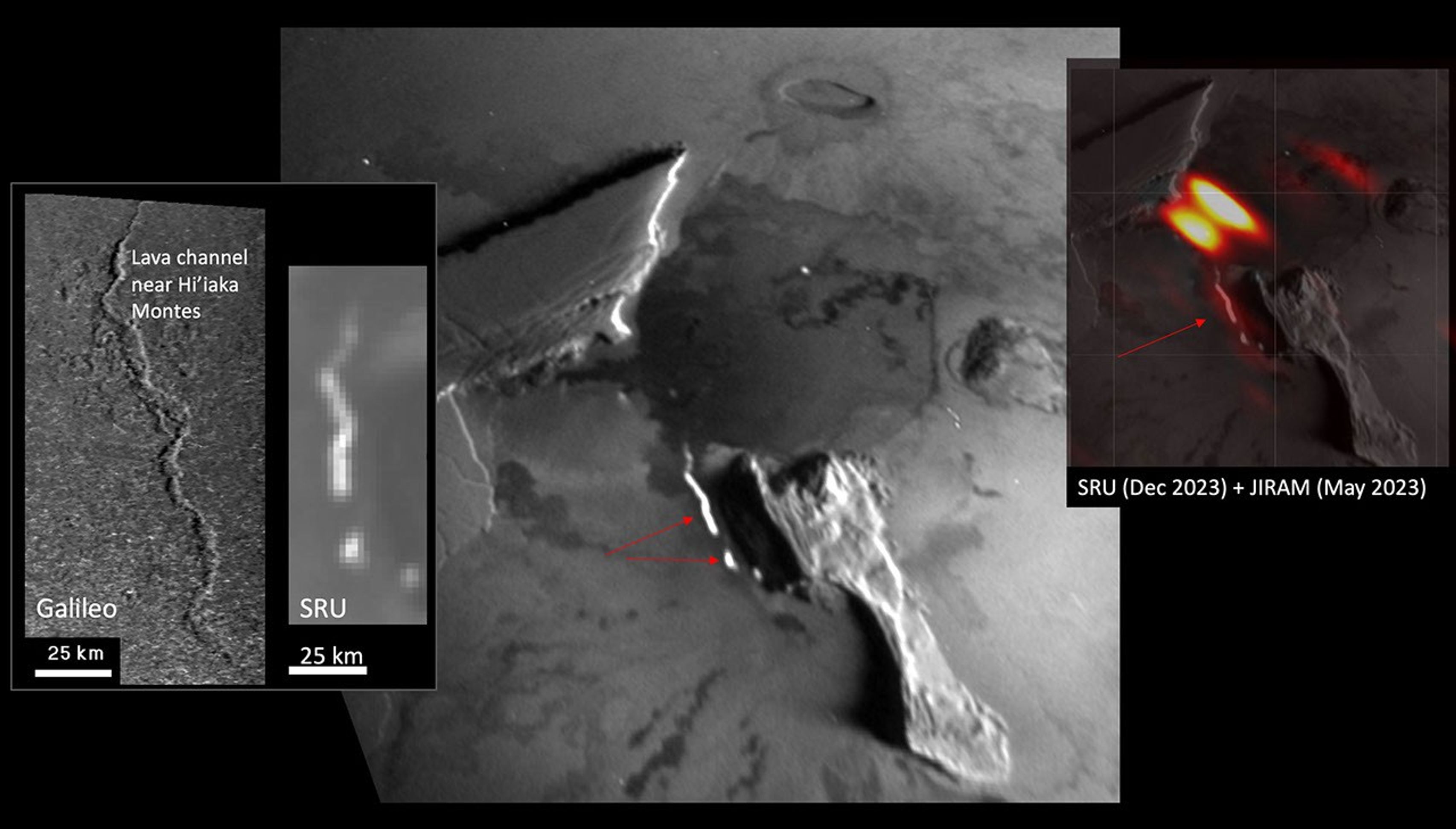 The Stellar Reference Unit (SRU) on NASA's Juno spacecraft made this observation on Dec. 30, 2023, of a thermal emission feature and a linear emission segment to the west of South Zal Mons.
