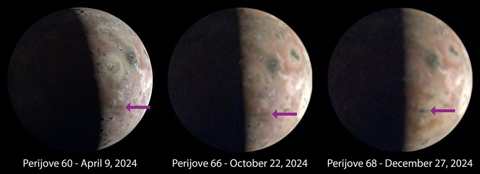 Images of Io captured in 2024 by the JunoCam imager aboard NASA's Juno show significant and visible surface changes near the Jovian moon's south pole.
