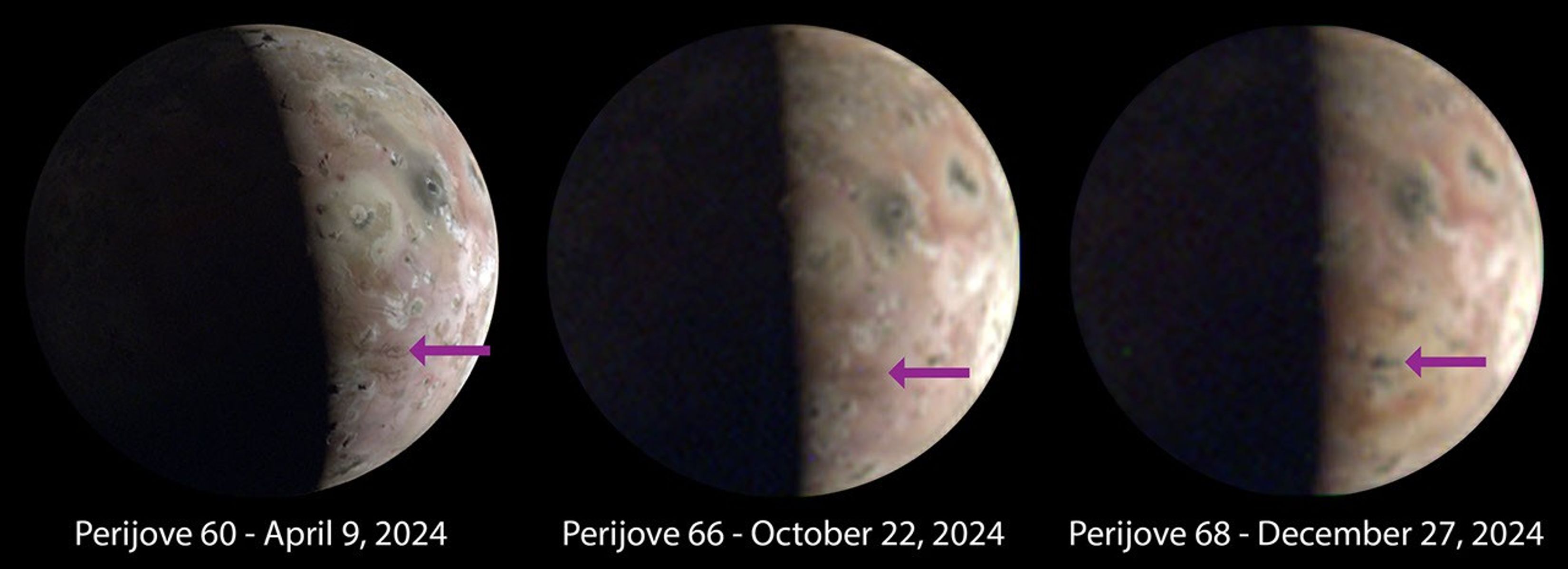 Images of Io captured in 2024 by the JunoCam imager aboard NASA's Juno show significant and visible surface changes near the Jovian moon's south pole.