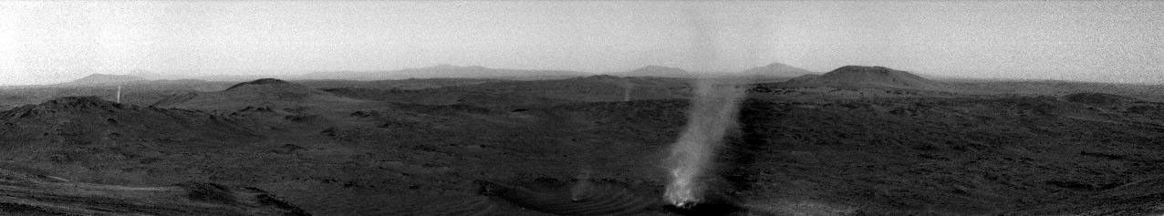 A Martian dust devil can be seen consuming its smaller friend in this short video made of images taken at the rim of Jezero Crater by NASA's Perseverance Mars rover on Jan. 25, 2025.
