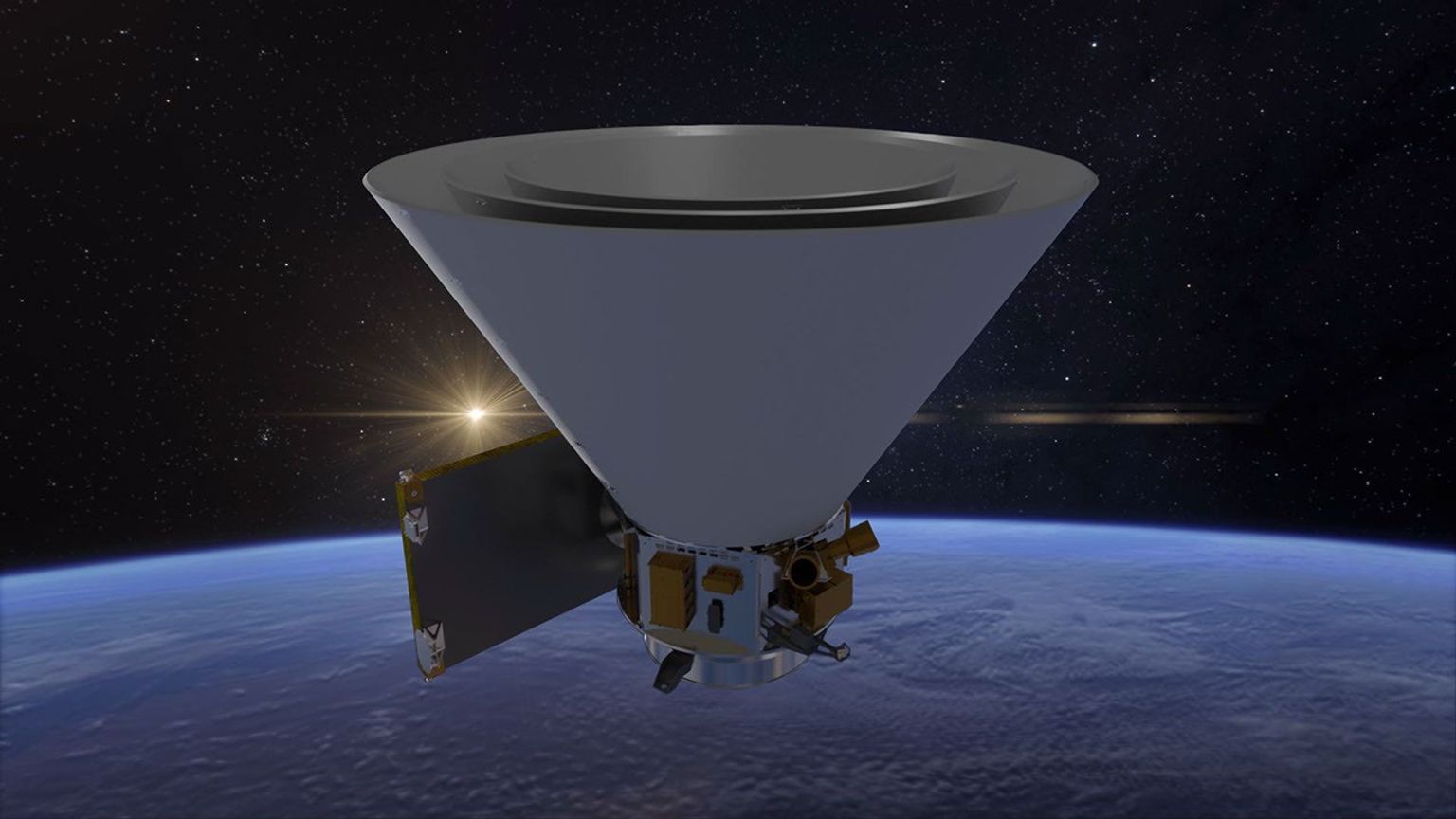 This artist's concept shows the SPHEREx spacecraft and its distinctive conical photon shields, which protect the telescope from infrared light and heat from the Sun and Earth.