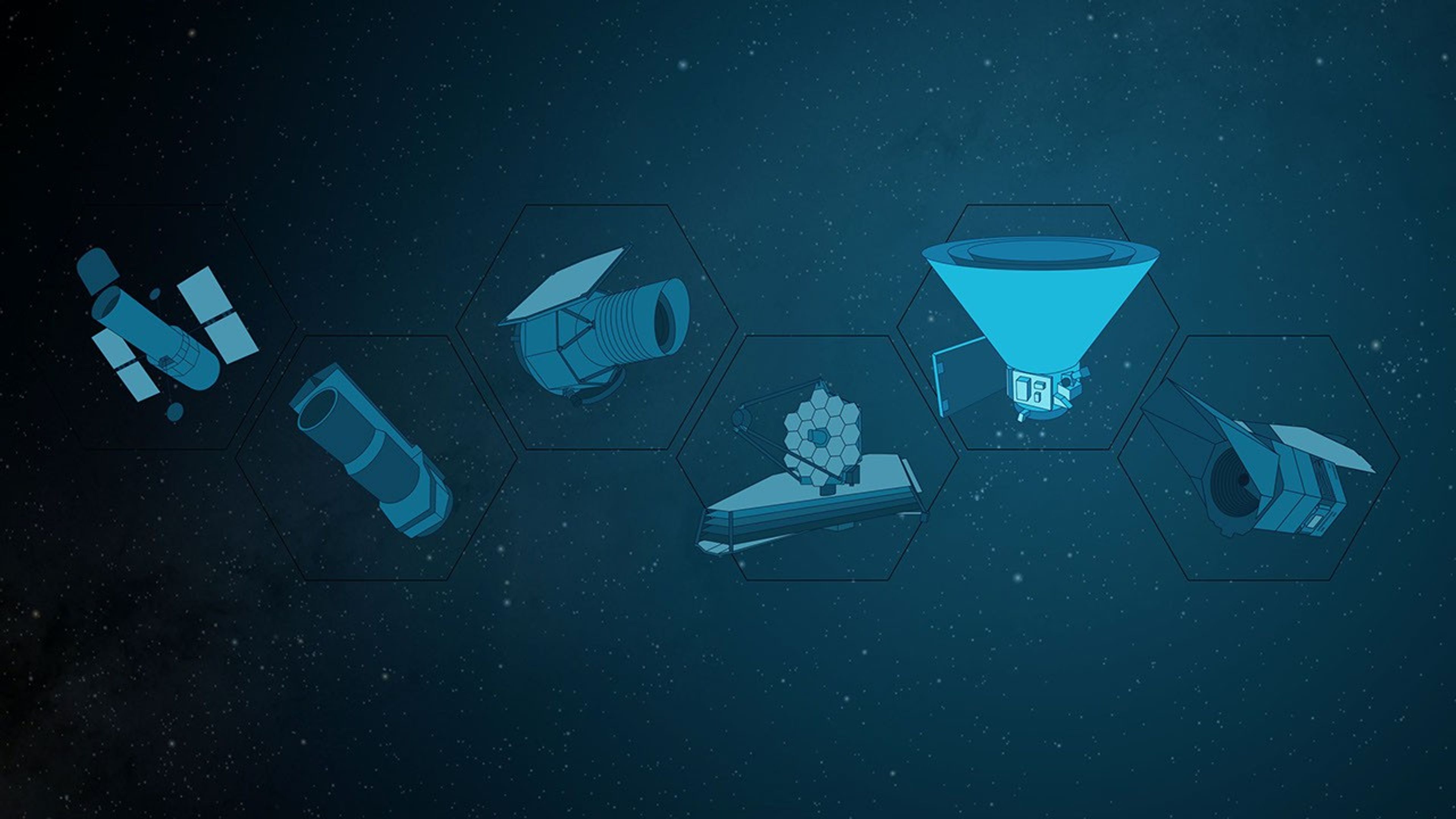 In this illustration, NASA's SPHEREx mission is highlighted among a line of other NASA space telescopes.