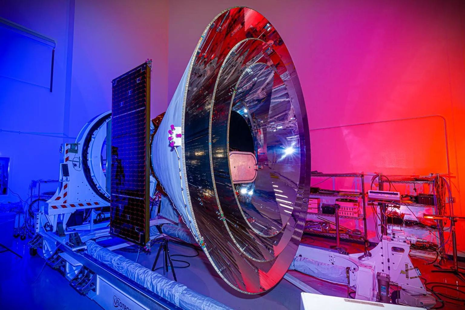 NASA's SPHEREx space observatory was photographed at BAE Systems in Boulder, Colorado, in November 2024 after completing environmental testing.