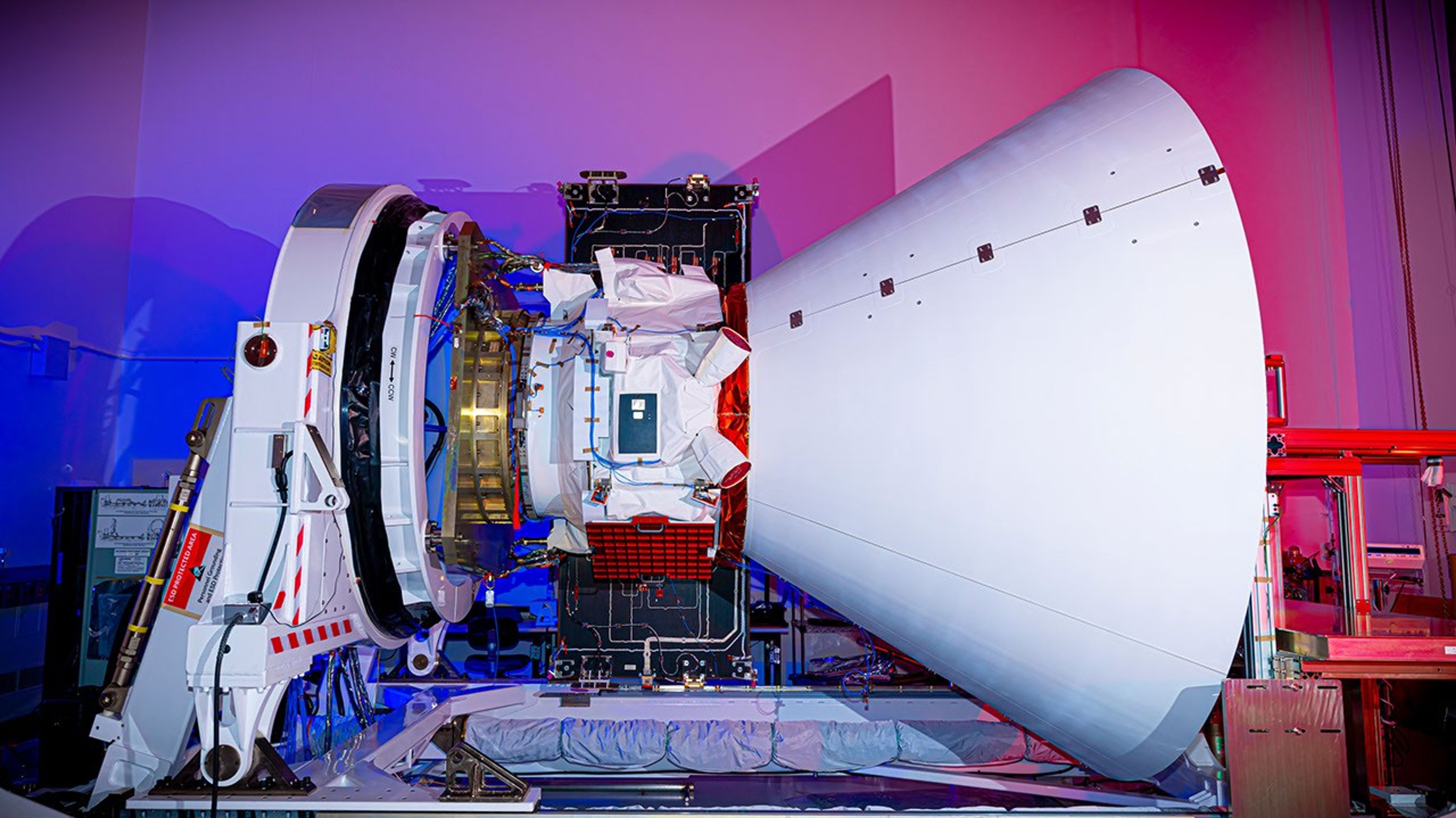 The SPHEREx observatory sits in a clean room after environmental testing at BAE Systems in Boulder, Colorado, in late 2024.
