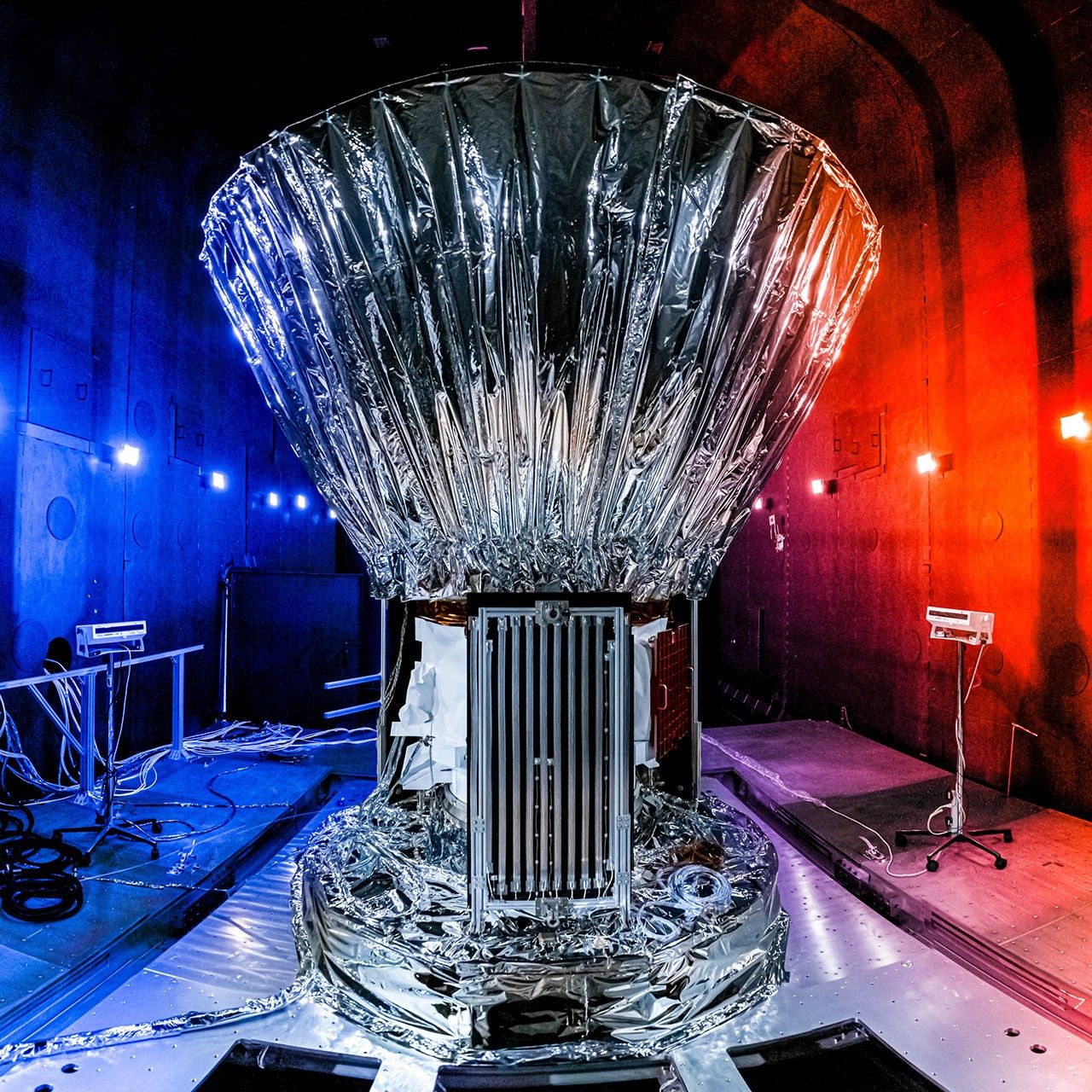 NASA's SPHEREx observatory is installed in the Titan Thermal Vacuum (TVAC) test Chamber at BAE Systems in Boulder, Colorado, in June 2024.
