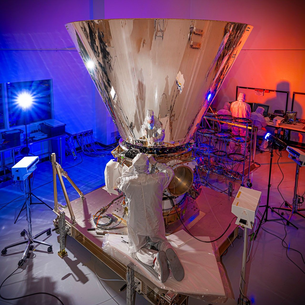Final assembly of NASA's SPHEREx spacecraft is shown at BAE Systems in Boulder, Colorado, in March 2024.