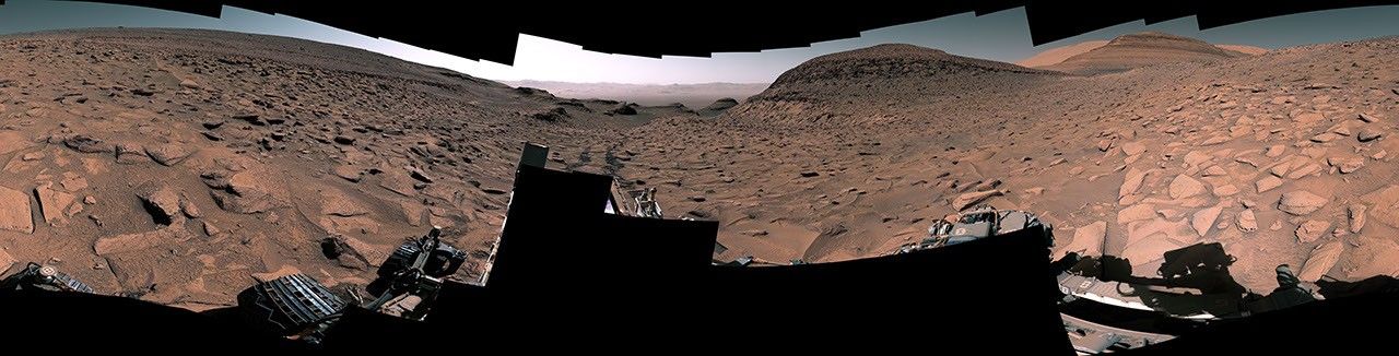 NASA's Curiosity Mars rover sees its tracks receding into the distance at a site nicknamed Ubajara on April 30, 2023.