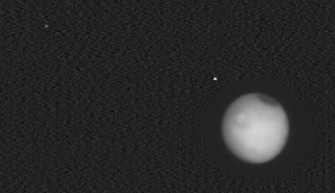 NASA's Europa Clipper captured this infrared image of the heat radiation from Mars and its moons Phobos and Deimos on Feb. 28, 2025.